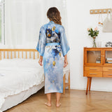 Womens Pure Silk Kimono Robes Long Floral Print Silk Robes Blue One size fits most