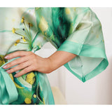 Womens Pure Silk Kimono Robes Long Floral Print Silk Robes Blue One size fits most