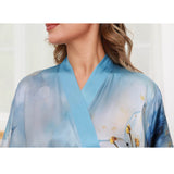 Womens Pure Silk Kimono Robes Long Floral Print Silk Robes Blue One size fits most