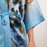 Womens Pure Silk Kimono Robes Long Floral Print Silk Robes Blue One size fits most