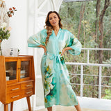 Womens Pure Silk Kimono Robes Long Floral Print Silk Robes Blue One size fits most