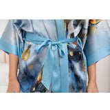 Womens Pure Silk Kimono Robes Long Floral Print Silk Robes Blue One size fits most