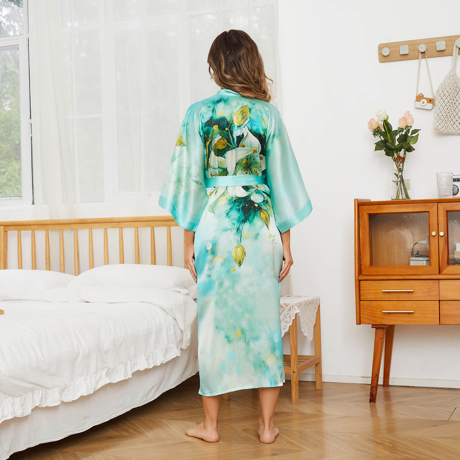 Womens Pure Silk Kimono Robes Long Floral Print Silk Robes Blue One size fits most