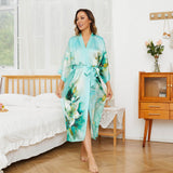 Womens Pure Silk Kimono Robes Long Floral Print Silk Robes Blue One size fits most