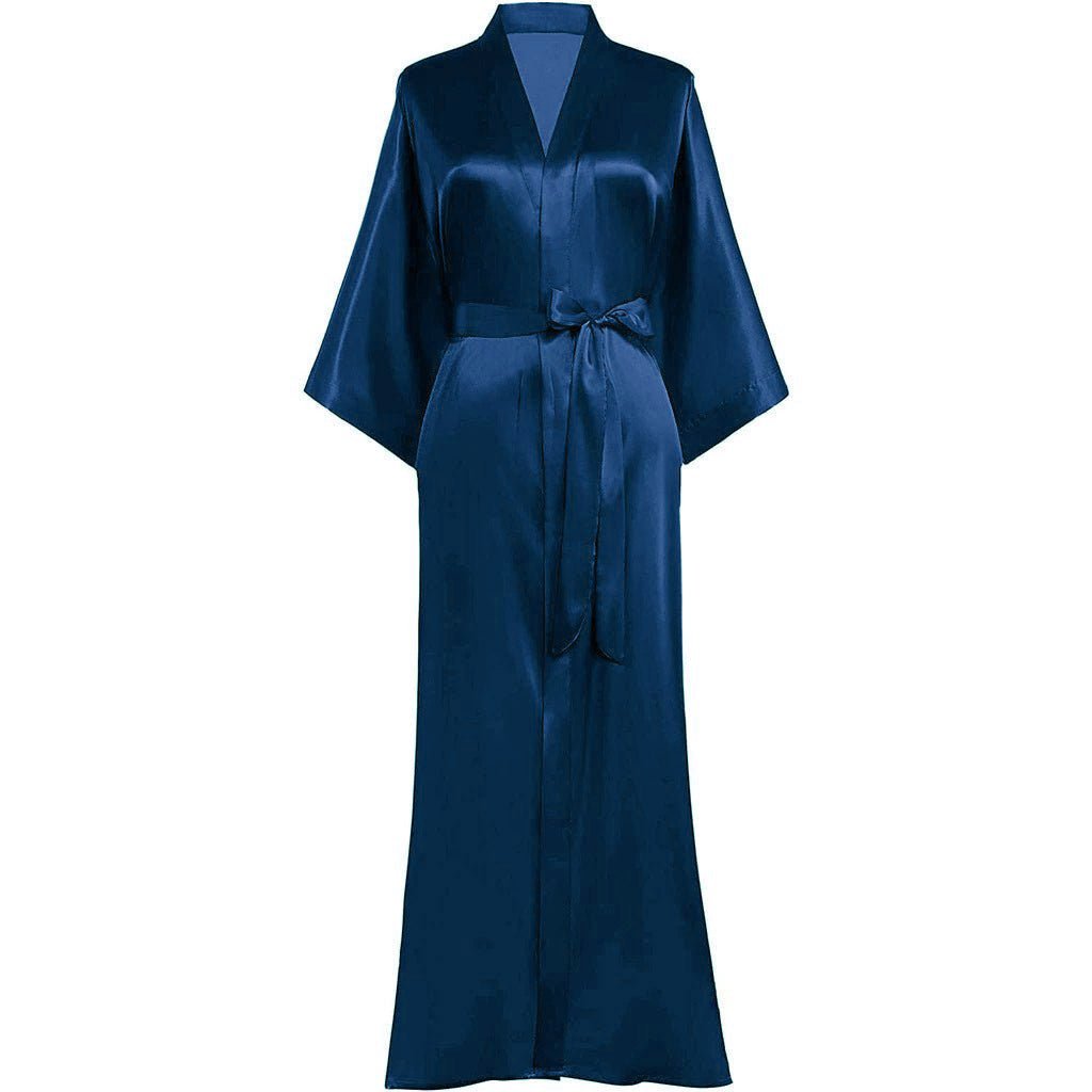 Womens Silk Kimono Robes Long Mulberry Silk Dressing Gown Navy Blue One size fits most
