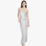 Womens Pure Silk Maxi Dress Long Strap Party Dresses Silver Gray XS
