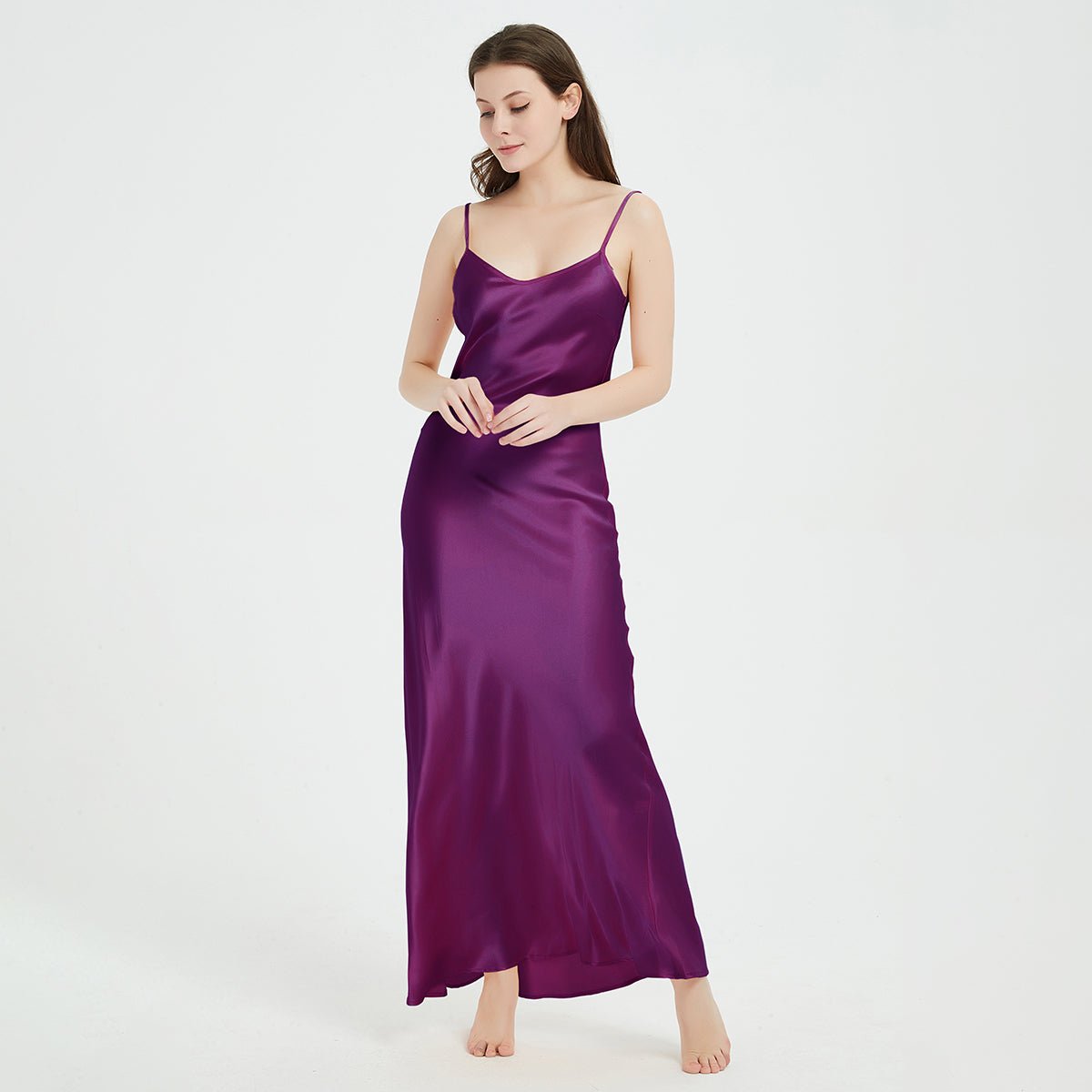 Womens Pure Silk Maxi Dress Long Strap Party Dresses Claret XS