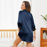 Womens Pure Silk Nightshirt Mulberry Boyfriend Silk Sleepshirt Navy Blue XS