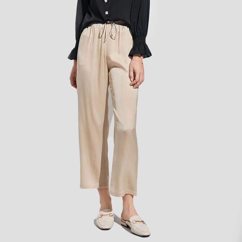 Womens Pure Silk Pants Cropped Casual Work Silk Trousers Beige XS