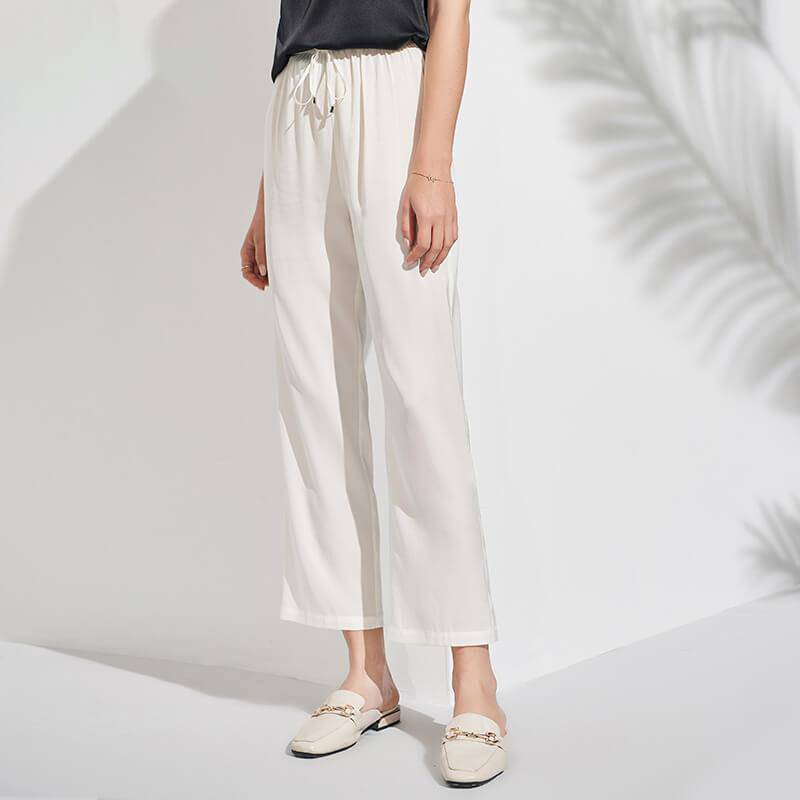 Womens Pure Silk Pants Cropped Casual Work Silk Trousers White XS