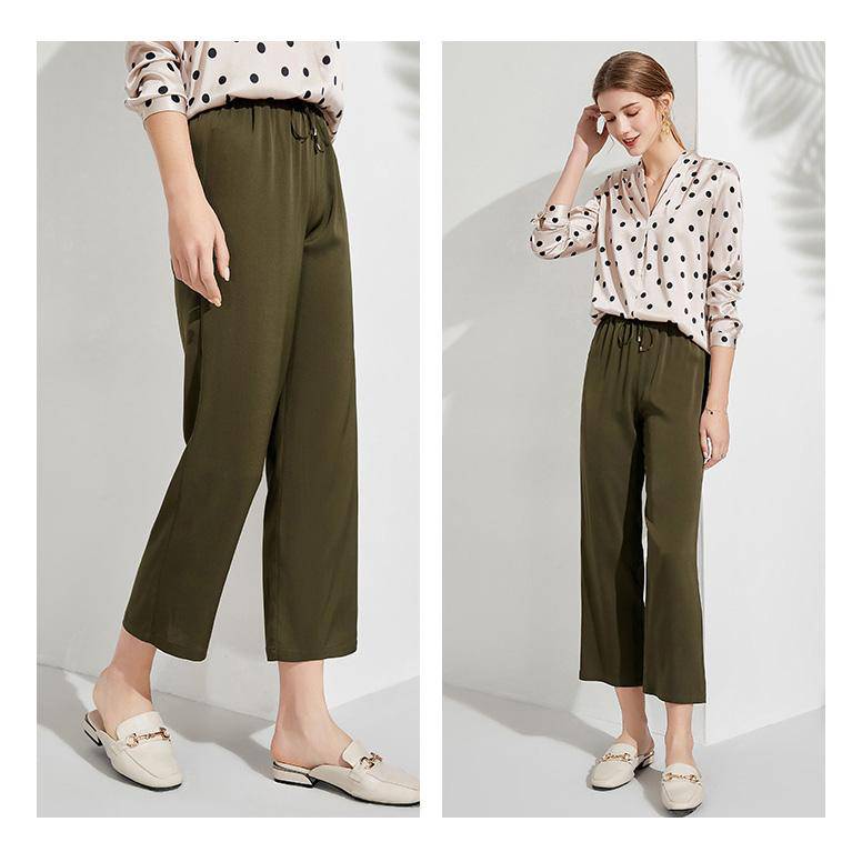 Womens Pure Silk Pants Cropped Casual Work Silk Trousers Beige XS