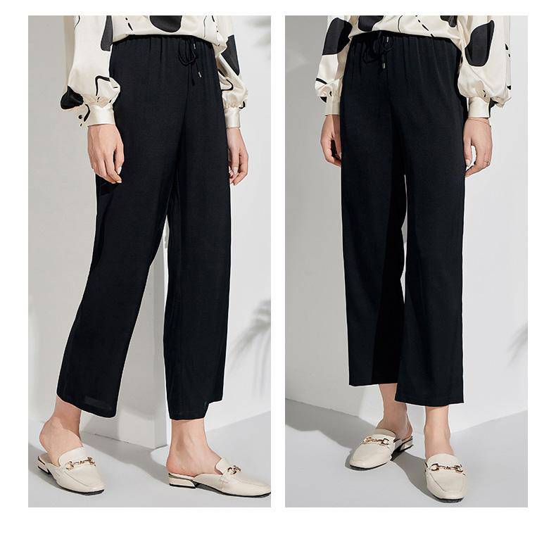 Womens Pure Silk Pants Cropped Casual Work Silk Trousers Black XS