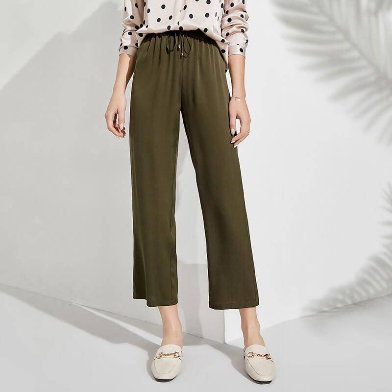 Womens Pure Silk Pants Cropped Casual Work Silk Trousers Green XS