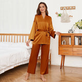 Women's Pure Silk Robe And Pajama Set With Pockets Orange XS