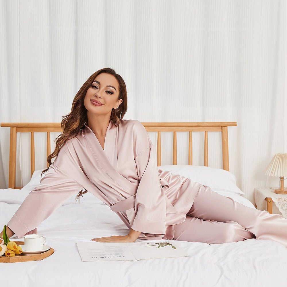 Women's Pure Silk Robe And Pajama Set With Pockets Rosy Pink XS