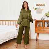 Women's Pure Silk Robe And Pajama Set With Pockets Olive Green XS