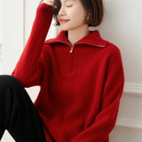 Womens Ribbed Half - Zip Collar Long Sleeve Cashmere Sweater Claret XS