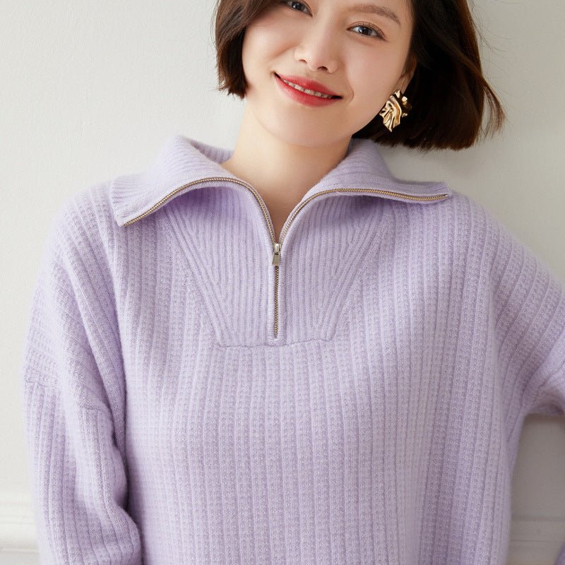 Womens Ribbed Half - Zip Collar Long Sleeve Cashmere Sweater Purple XS