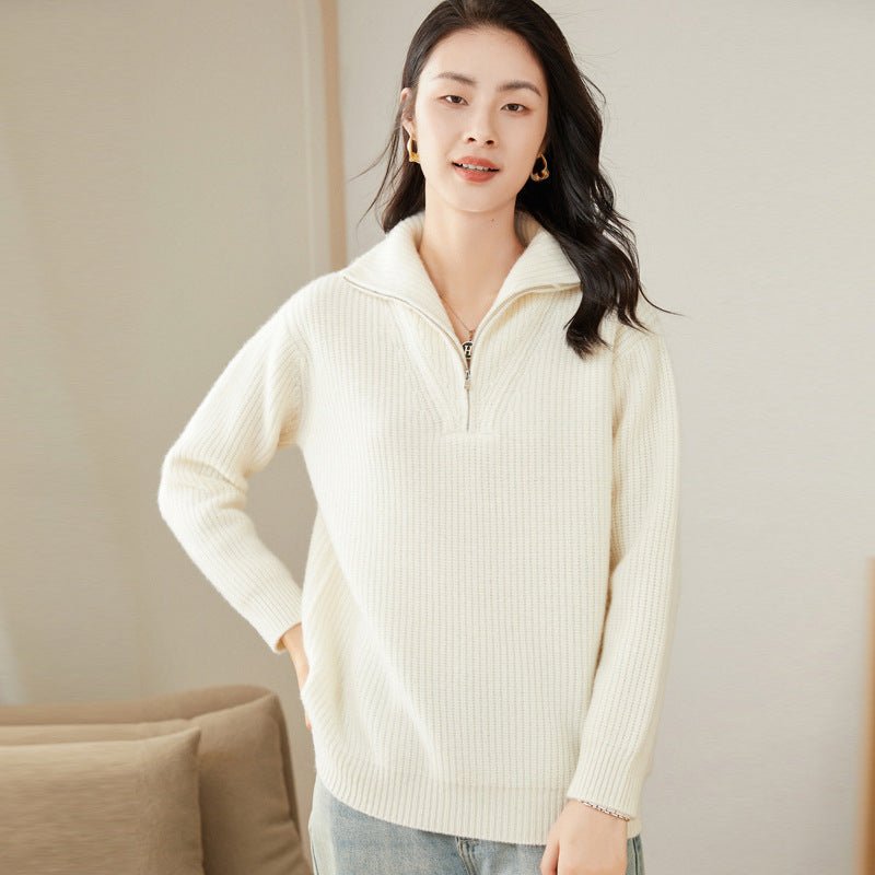 Womens Rib - Knit Cashmere Sweater Half Zip - up Cashmere Pullover Tops Ivory XS