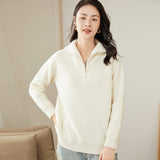 Womens Rib - Knit Cashmere Sweater Half Zip - up Cashmere Pullover Tops Ivory XS