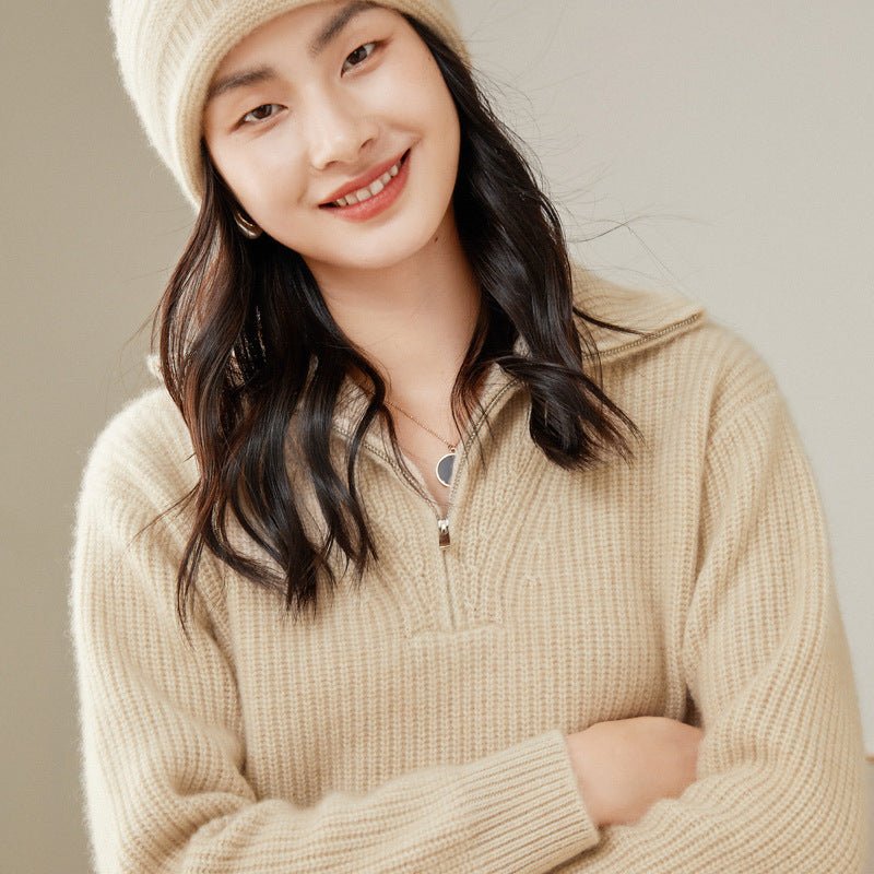Womens Rib - Knit Cashmere Sweater Half Zip - up Cashmere Pullover Tops Beige XS