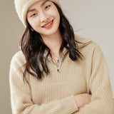 Womens Rib - Knit Cashmere Sweater Half Zip - up Cashmere Pullover Tops Beige XS