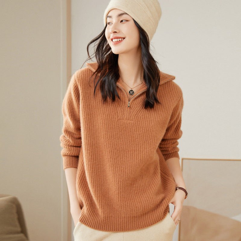 Womens Rib - Knit Cashmere Sweater Half Zip - up Cashmere Pullover Tops Camel XS