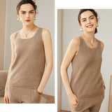 Womens Ribbed Knit Scoop Neck Sleeveless Vest U - Neck Cashmere Tank Taupe XS