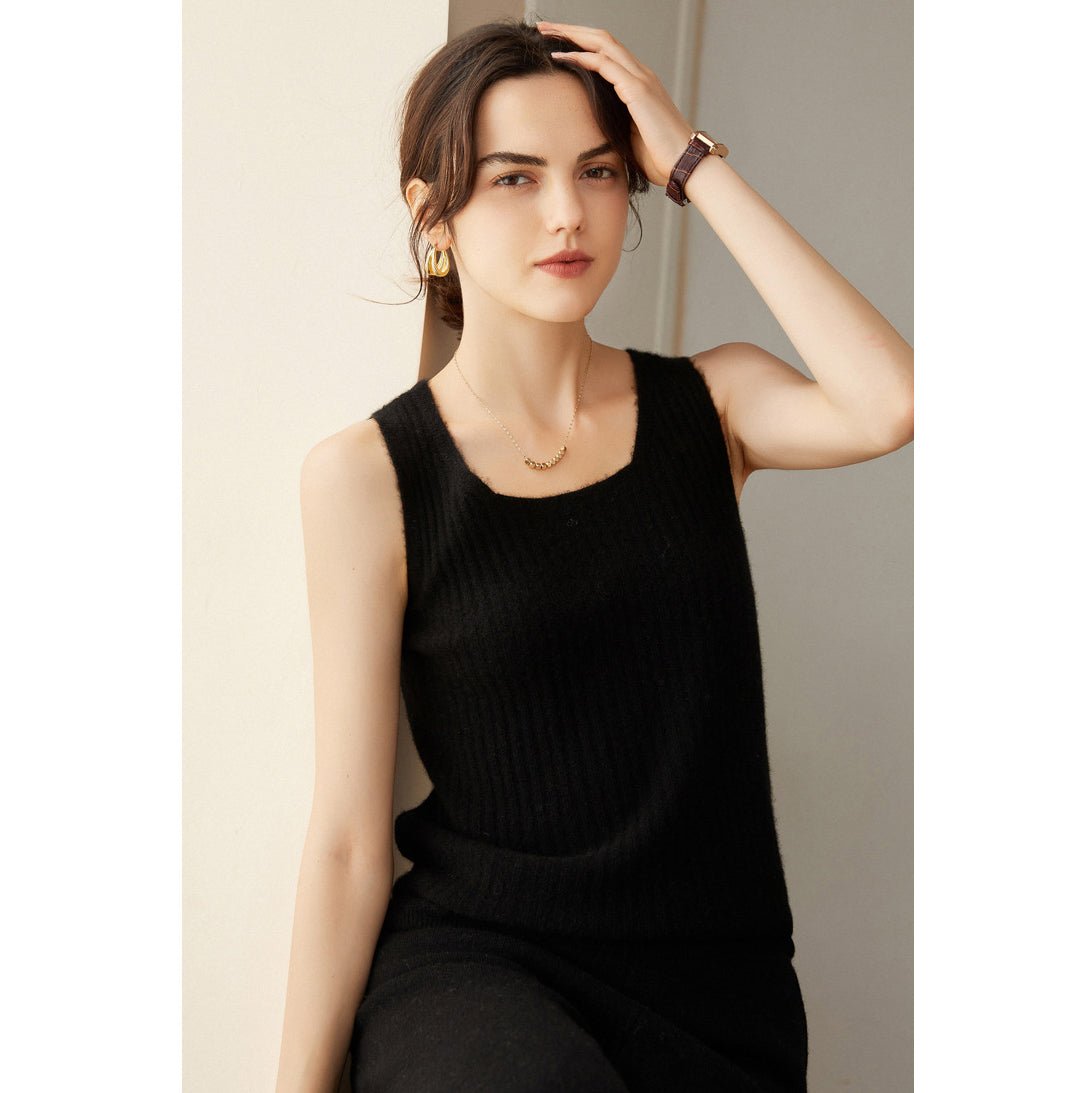 Womens Ribbed Knit Scoop Neck Sleeveless Vest U - Neck Cashmere Tank Black XS