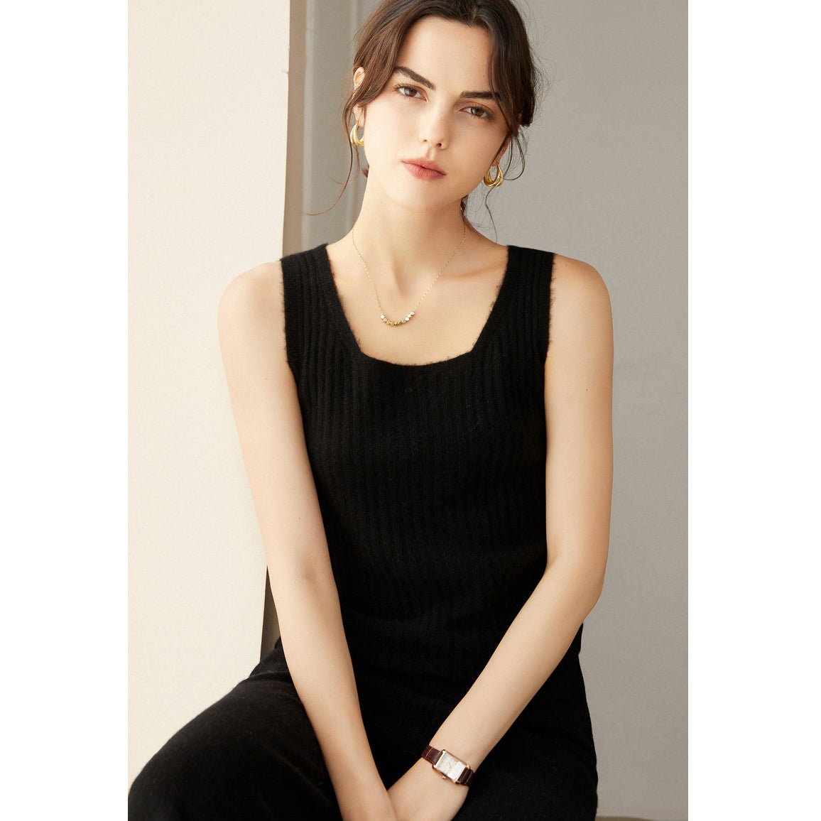 Womens Ribbed Knit Scoop Neck Sleeveless Vest U - Neck Cashmere Tank Black XS