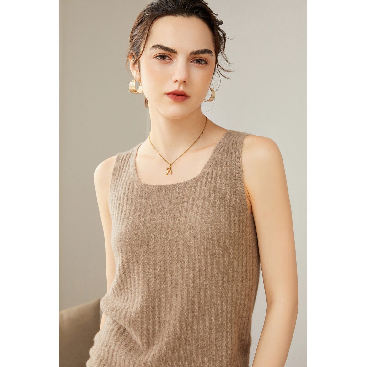 Womens Ribbed Knit Scoop Neck Sleeveless Vest U - Neck Cashmere Tank Taupe XS