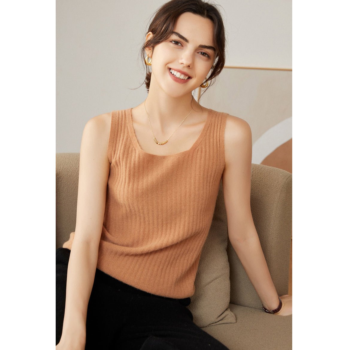 Womens Ribbed Knit Scoop Neck Sleeveless Vest U - Neck Cashmere Tank Camel XS