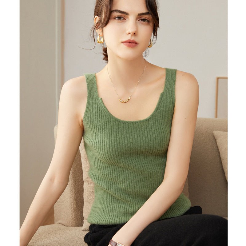 Womens Ribbed Knit V - Neck Sleeveless Cashmere Vest Cashmere Tank Green XS