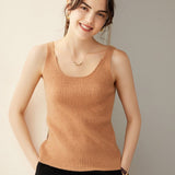 Womens Ribbed Knit V - Neck Sleeveless Cashmere Vest Cashmere Tank Camel XS