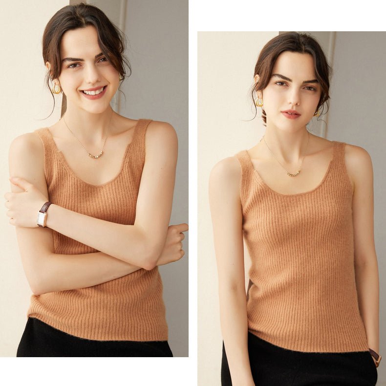 Womens Ribbed Knit V - Neck Sleeveless Cashmere Vest Cashmere Tank Camel XS