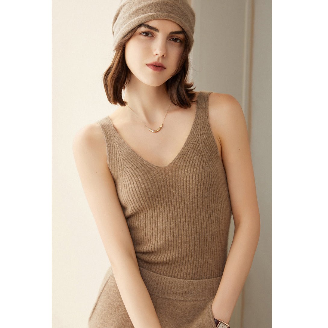 Womens Ribbed Knit V - Neck Sleeveless Cashmere Vest Cashmere Tank Taupe XS