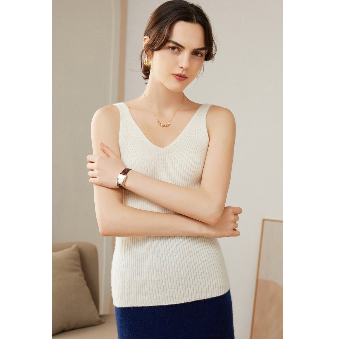 Womens Ribbed Knit V - Neck Sleeveless Cashmere Vest Cashmere Tank Ivory XS