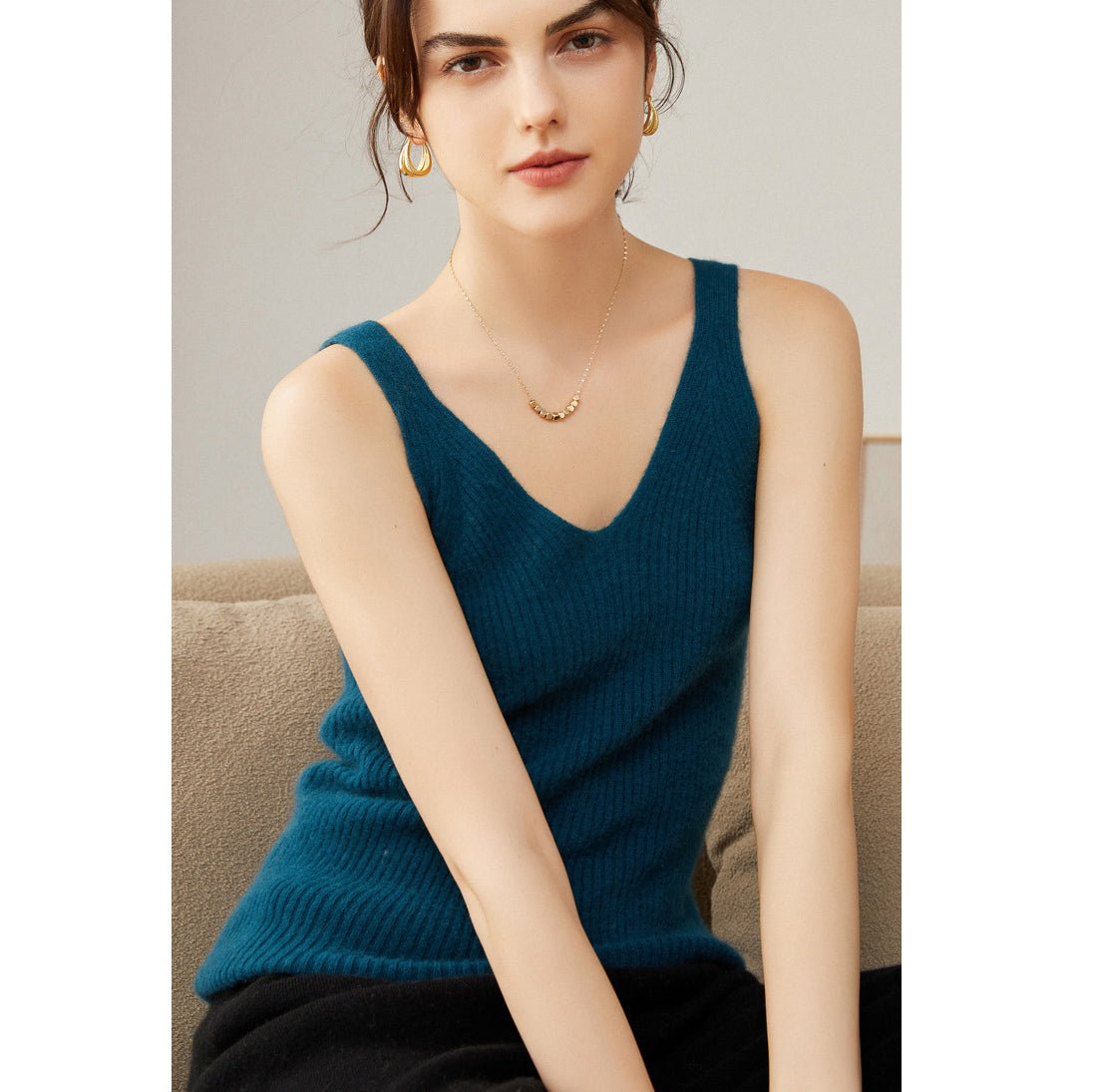 Womens Ribbed Knit V - Neck Sleeveless Cashmere Vest Cashmere Tank Ocean Blue XS