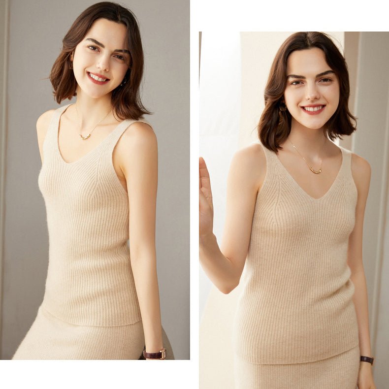 Womens Ribbed Knit V - Neck Sleeveless Cashmere Vest Cashmere Tank Beige XS