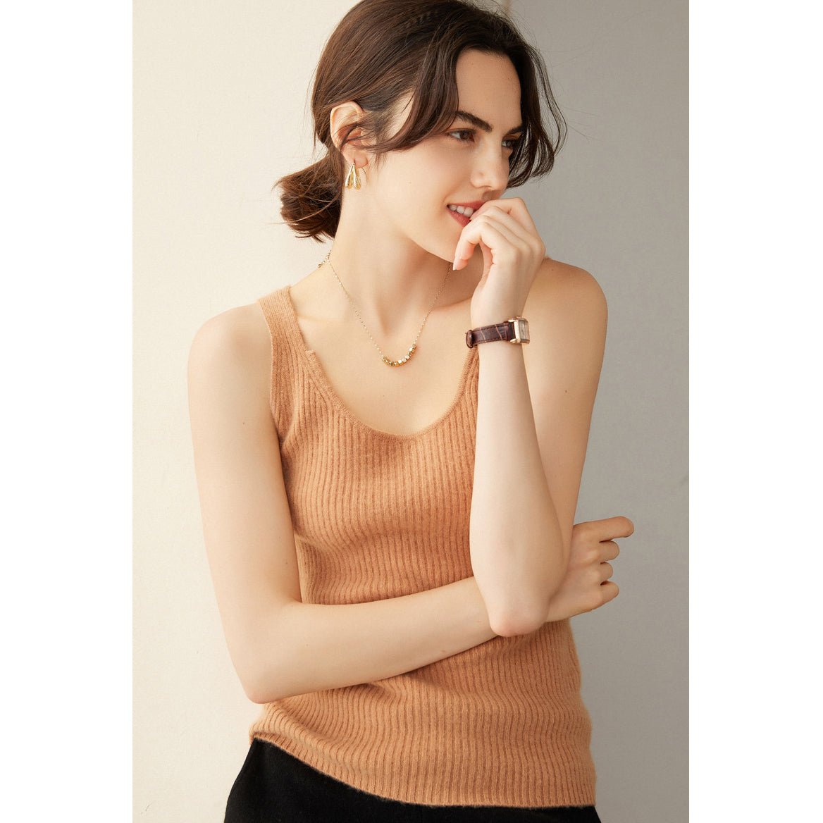 Womens Ribbed Knit V - Neck Sleeveless Cashmere Vest Cashmere Tank Camel XS
