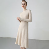Womens Ribbed Cashmere Midi Dress Mock Neck Cashmere Sweater Dress Fitted Cashmere Dress Beige XS