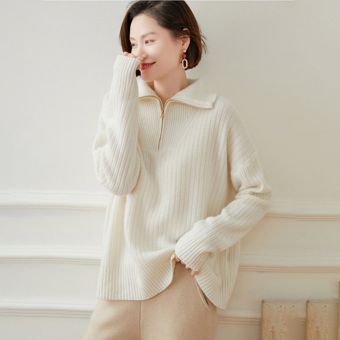Womens Ribbed Half - Zip Collar Long Sleeve Cashmere Sweater Ivory XS