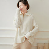 Womens Ribbed Half - Zip Collar Long Sleeve Cashmere Sweater Ivory XS