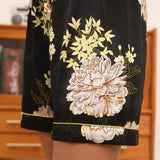 Womens Floral Print Silk Pajama Set Contrast Piping Silk Pajamas Black XS