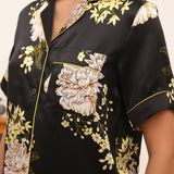 Womens Floral Print Silk Pajama Set Contrast Piping Silk Pajamas Black XS
