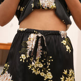 Womens Floral Print Silk Pajama Set Contrast Piping Silk Pajamas Black XS