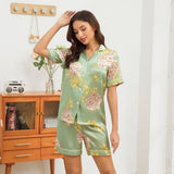 Womens Floral Print Silk Pajama Set Contrast Piping Silk Pajamas Green XS