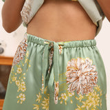 Womens Floral Print Silk Pajama Set Contrast Piping Silk Pajamas Green XS
