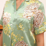 Womens Floral Print Silk Pajama Set Contrast Piping Silk Pajamas Green XS