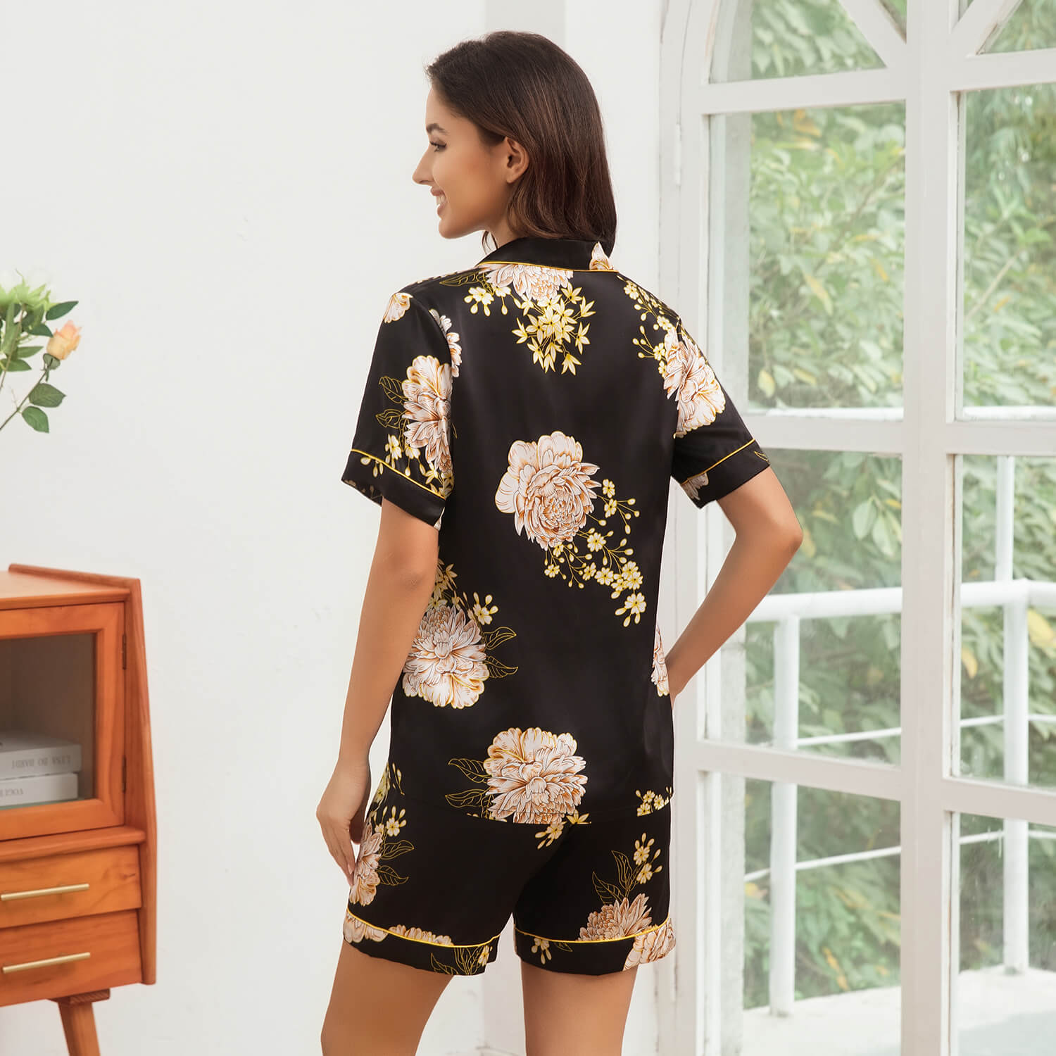 Womens Floral Print Silk Pajama Set Contrast Piping Silk Pajamas Black XS